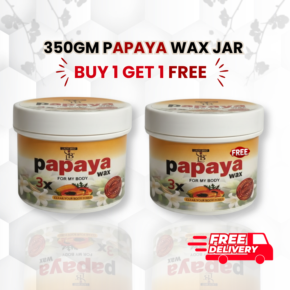 Two jars of Papaya wax with promotional text on a white background